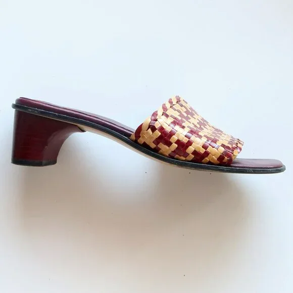 Handcrafted Burgundy Raffia Block Heel Mule Sandals Woven Boho Summer Shoes 7 - Picture 9 of 16